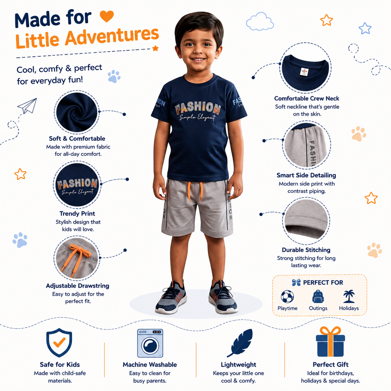 Boys Navy Letter Print T-Shirt and Shorts Set – Kids Smart Casual Outfit