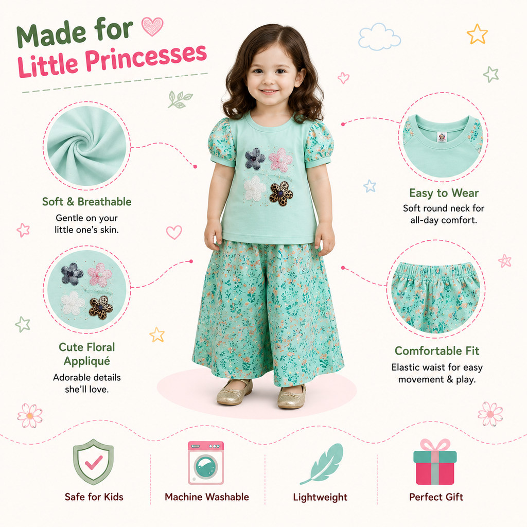 Girls Floral Print Puff Sleeve Top and Wide Leg Pants Set – Kids Fashion Outfit