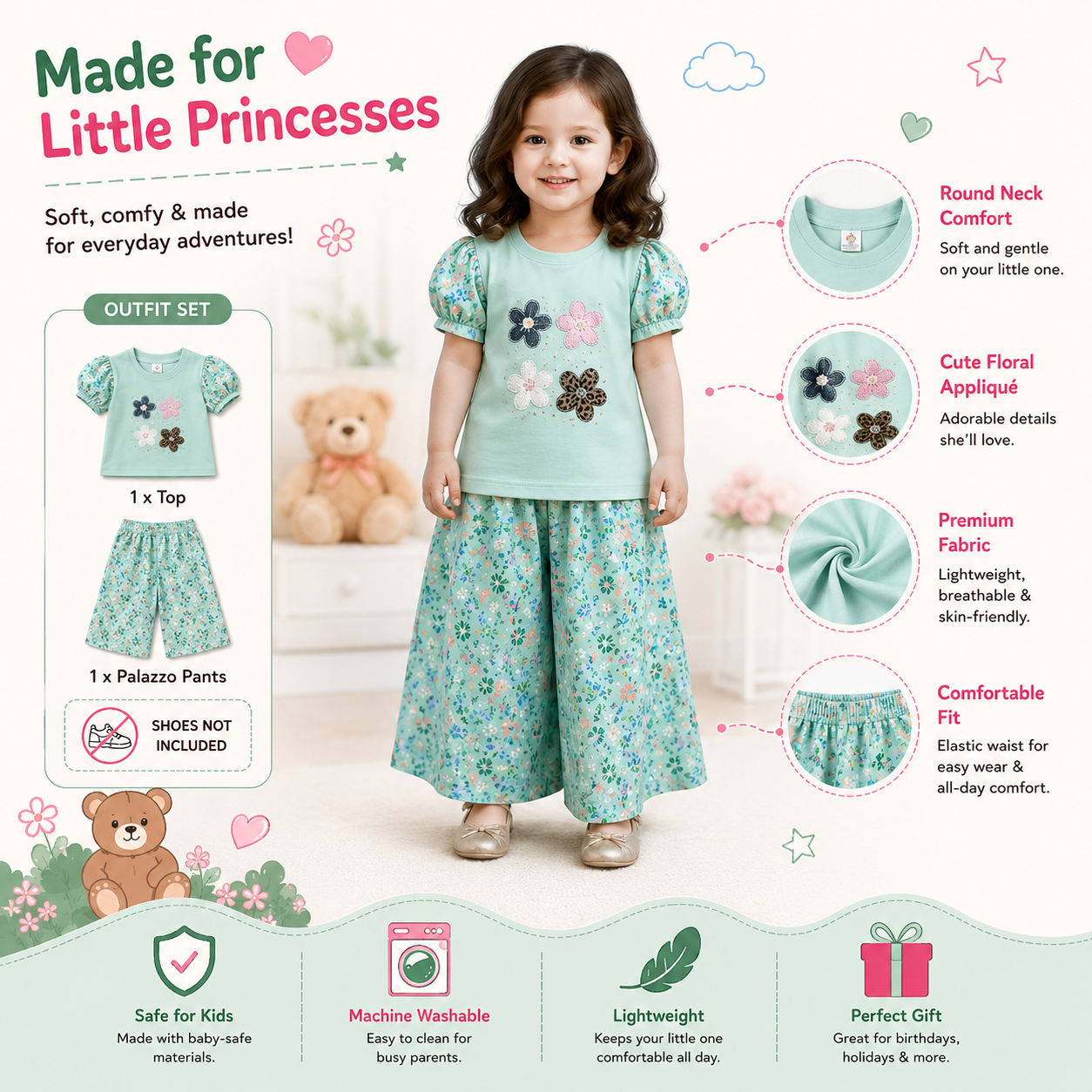 Girls Floral Print Puff Sleeve Top and Wide Leg Pants Set – Kids Fashion Outfit