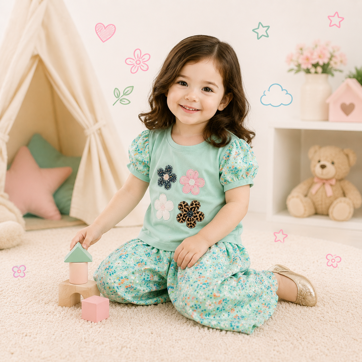 Girls Floral Print Puff Sleeve Top and Wide Leg Pants Set – Kids Fashion Outfit