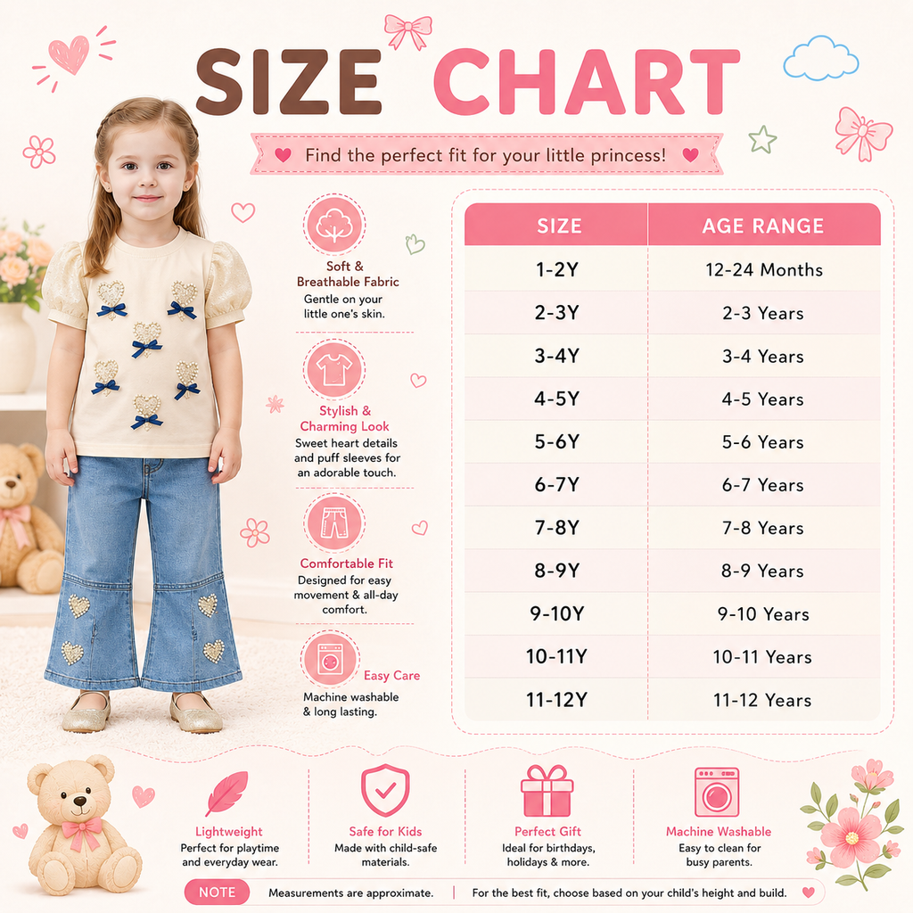 Girls Puff Sleeve Heart Embellished Top and Wide Leg Jeans Set – Kids Outfit