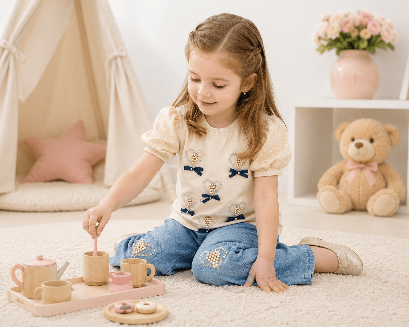 Girls Puff Sleeve Heart Embellished Top and Wide Leg Jeans Set – Kids Outfit