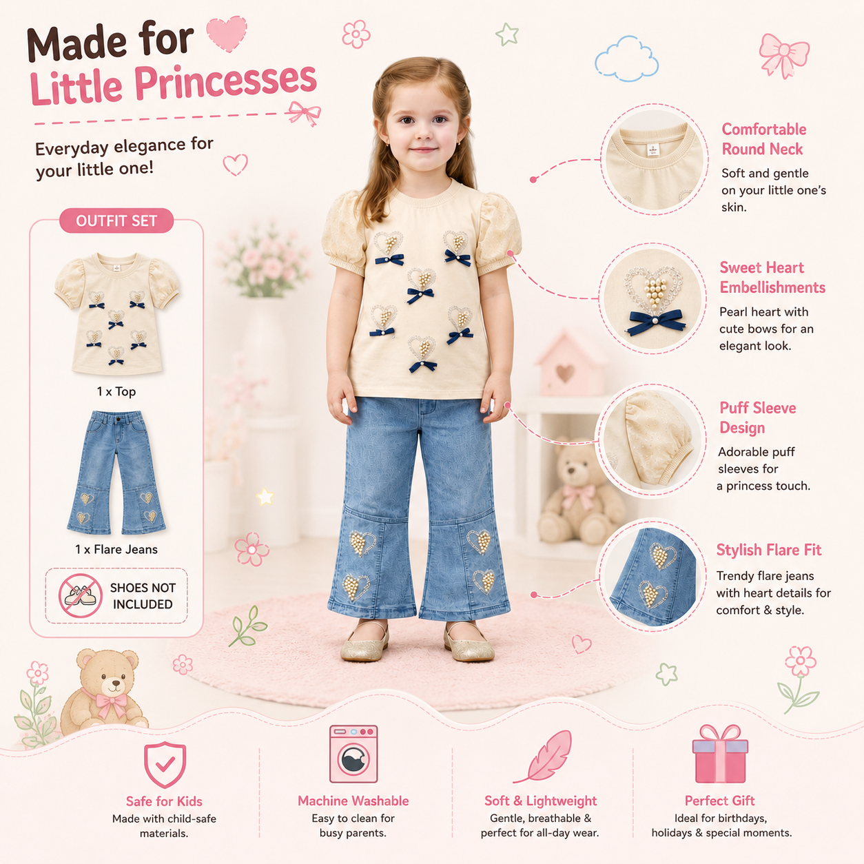 Girls Puff Sleeve Heart Embellished Top and Wide Leg Jeans Set – Kids Outfit