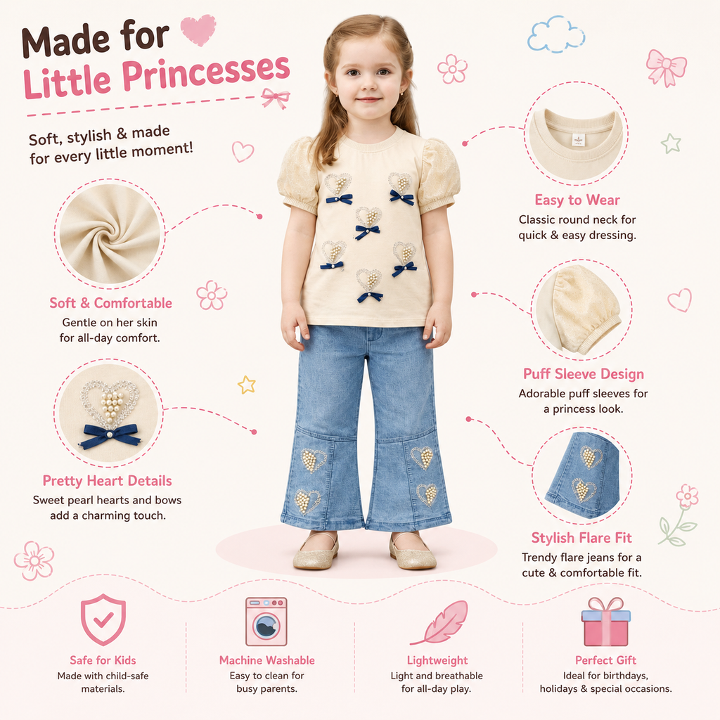 Girls Puff Sleeve Heart Embellished Top and Wide Leg Jeans Set – Kids Outfit