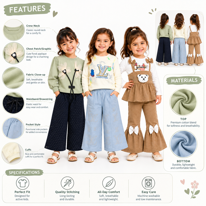 Girls 3-Piece Outfit Bundle for Girls | Tops & Pants Sets
