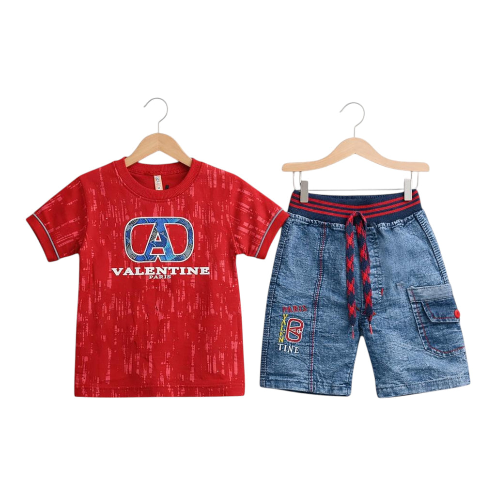 Boys Half Sleeve T-Shirt & Denim Shorts Set Graphic Print - Red & Blue