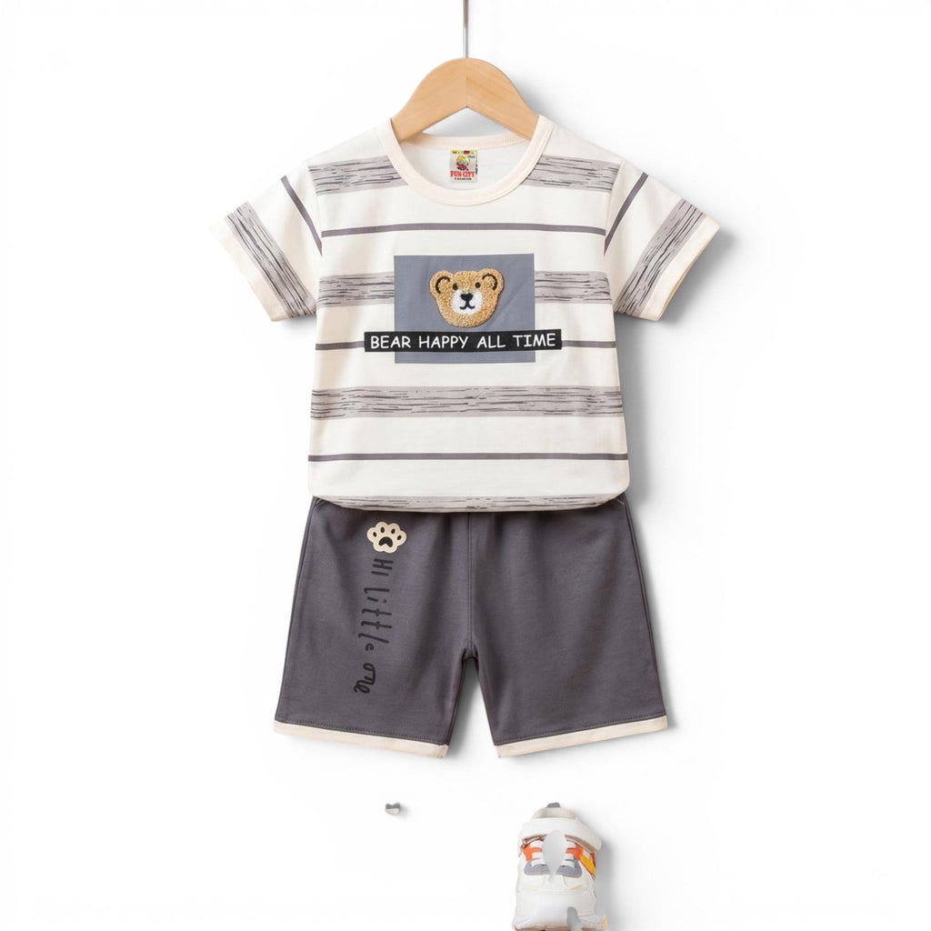 Boys Half Sleeve T-Shirt & Shorts Set Bear Striped - Cream & Grey