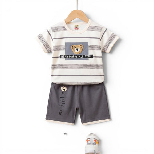 Boys Half Sleeve T-Shirt & Shorts Set Bear Striped - Cream & Grey