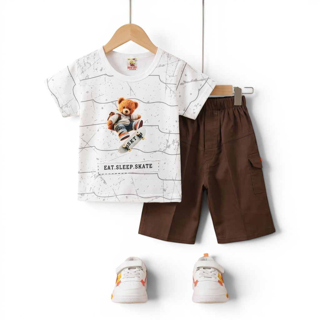 Boys Half Sleeve T-Shirt & Shorts Set Bear Print - White & Brown