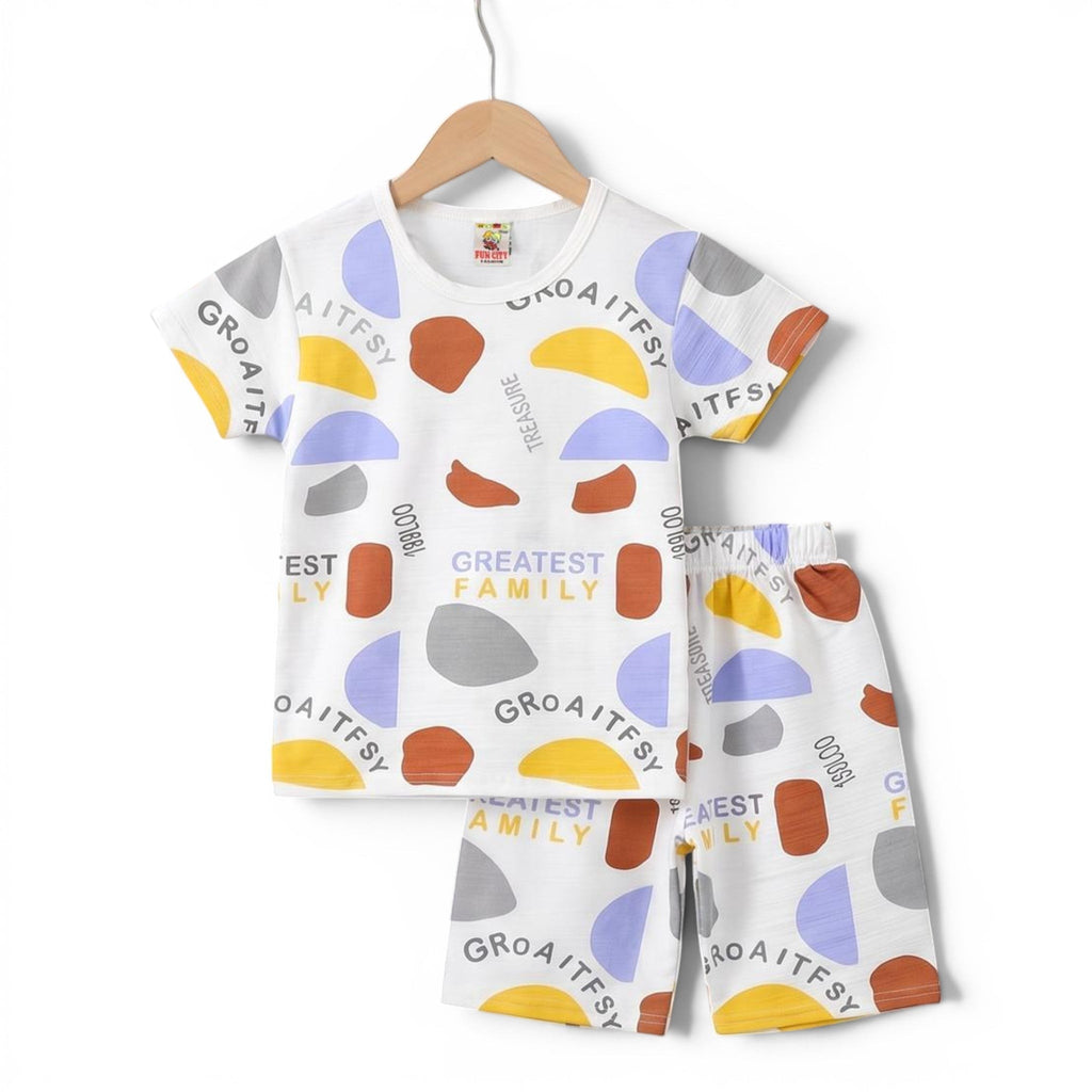 Boys Half Sleeve T-Shirt & Shorts Set Geometric Print - White Multicolour