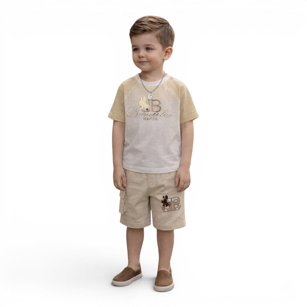 Mini & Mama Boys beige cotton t-shirt and cargo shorts set with graphic print. Crew neck, short sleeves, multiple pockets.