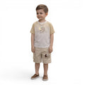 Mini & Mama Boys beige cotton t-shirt and cargo shorts set with graphic print. Crew neck, short sleeves, multiple pockets.