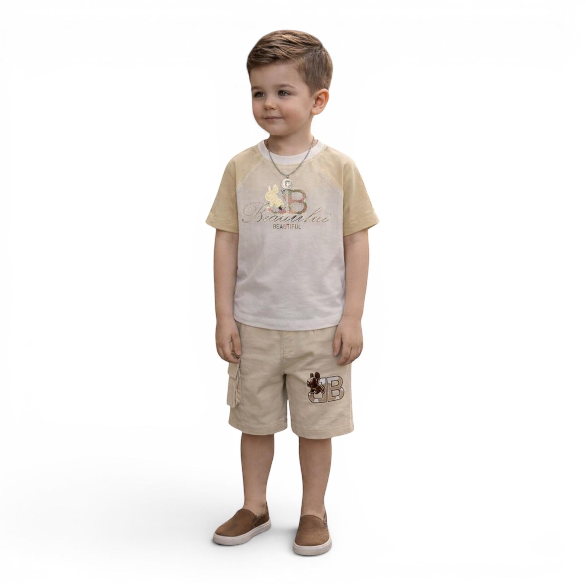 Mini & Mama Boys beige cotton t-shirt and cargo shorts set with graphic print. Crew neck, short sleeves, multiple pockets.