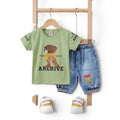 Mini & Mama Boys green cotton graphic t-shirt with "ARCHIVE" text and denim shorts with drawstring waist.