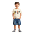 Mini & Mama boys' cream graphic t-shirt with text and cartoon print, paired with blue denim shorts. Cotton tee.