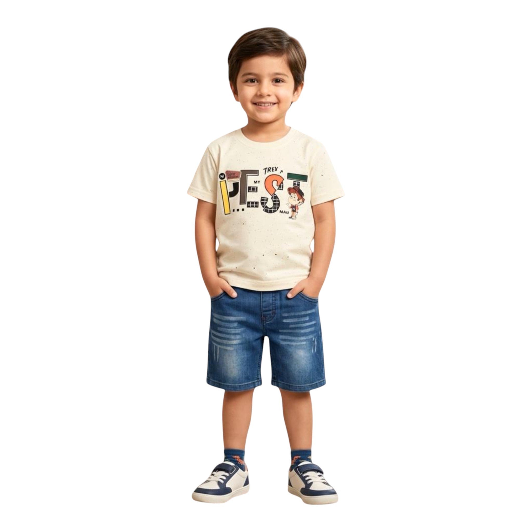 Mini & Mama boys' cream graphic t-shirt with text and cartoon print, paired with blue denim shorts. Cotton tee.