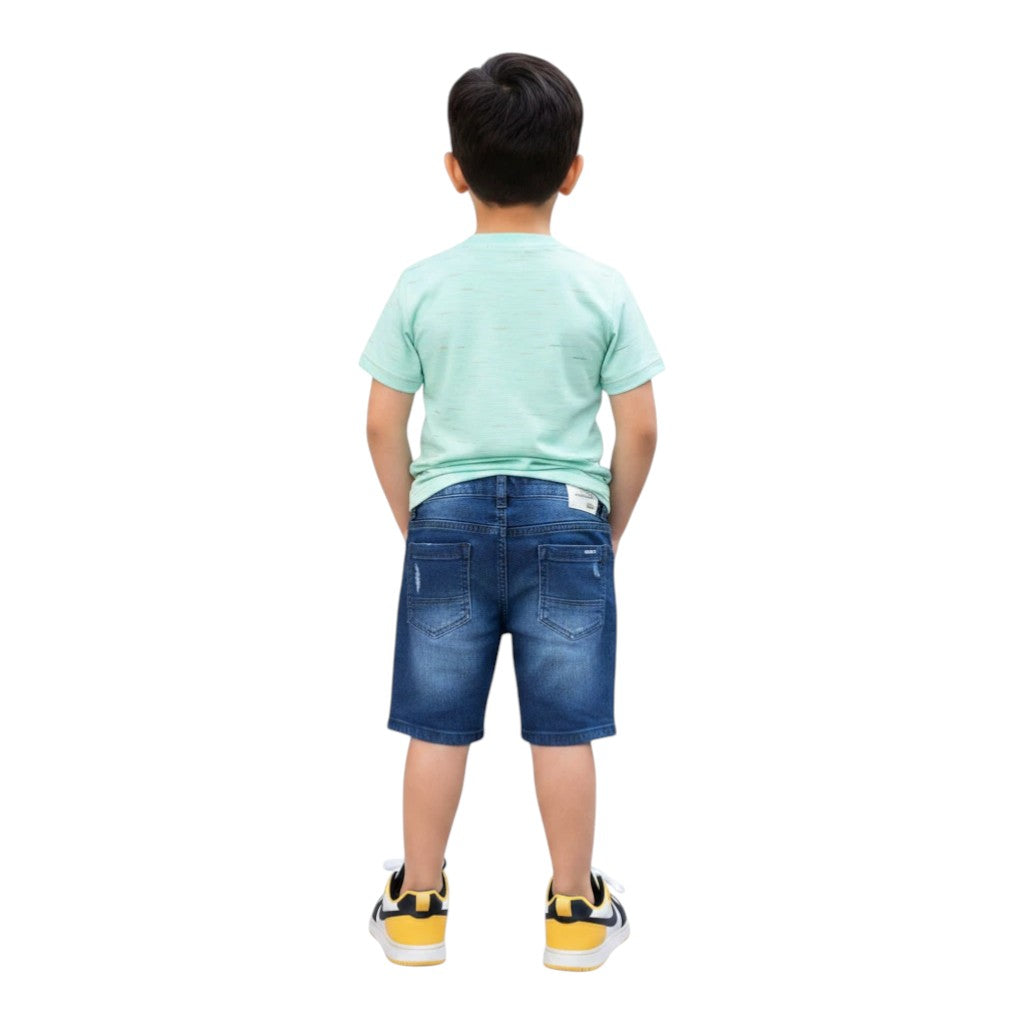 Mini & Mama boys' mint green graphic t-shirt and distressed denim shorts set