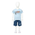 Mini & Mama light blue cotton graphic t-shirt and navy blue shorts set for boys. Features "ENT" graphic and character.