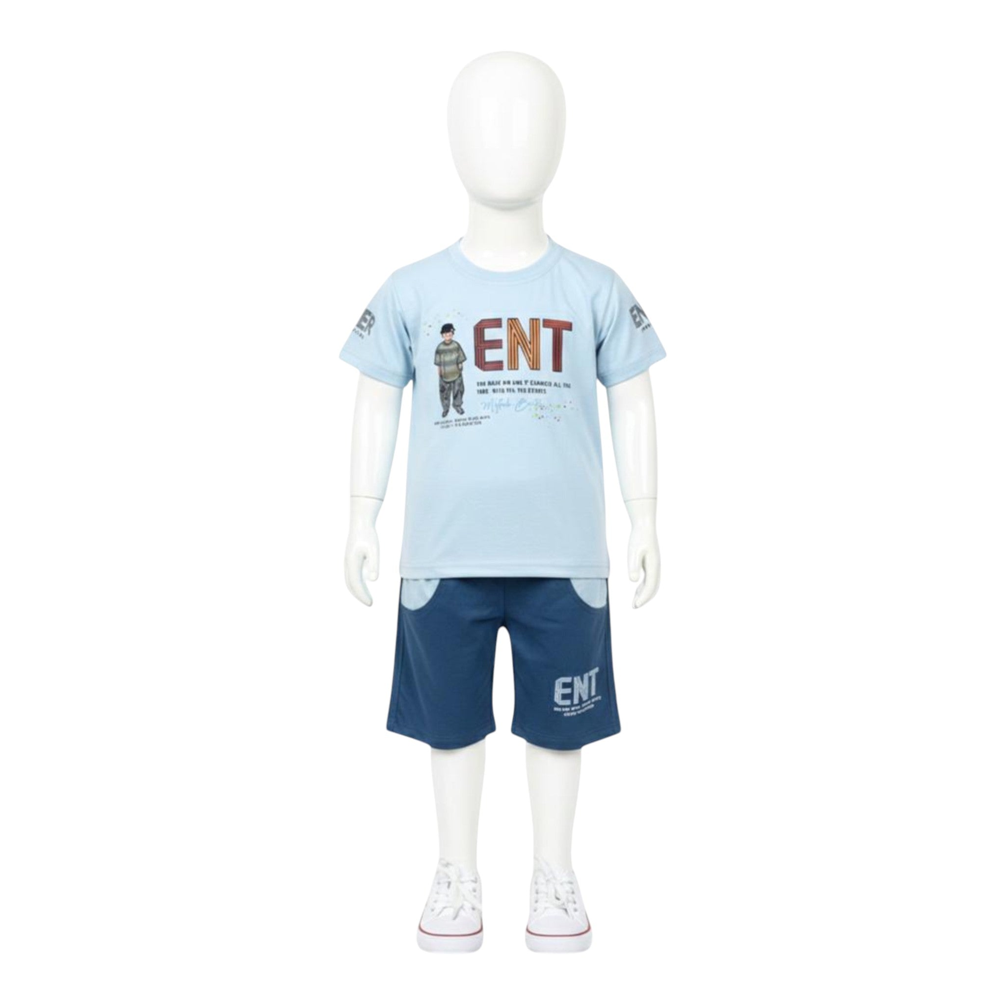 Mini & Mama light blue cotton graphic t-shirt and navy blue shorts set for boys. Features "ENT" graphic and character.