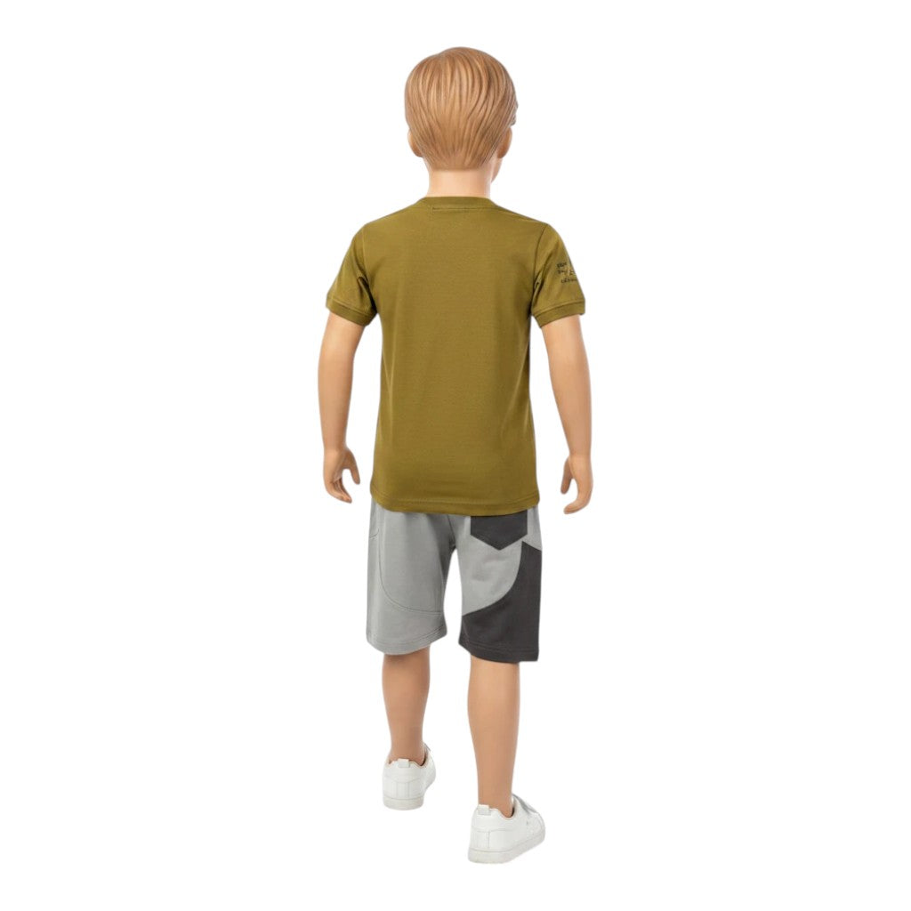Mini & Mama boys olive green graphic t-shirt and grey color-block shorts set. Cotton t-shirt with graphic print. Shorts with elastic waistband.