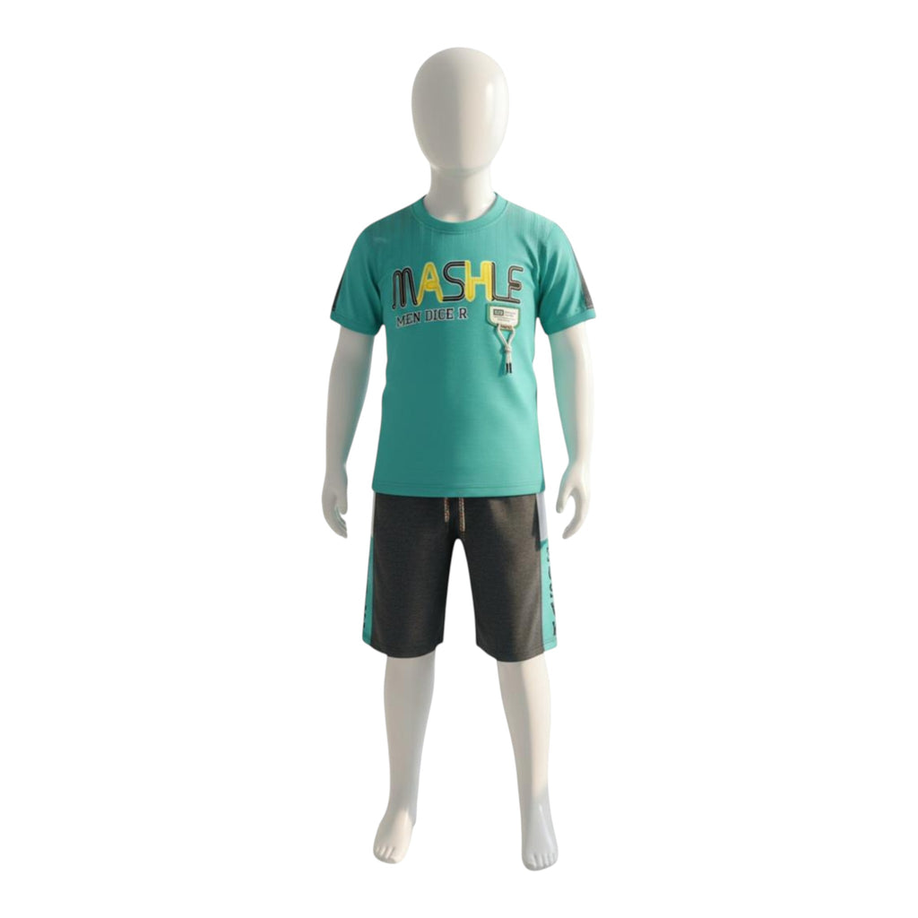 Mini & Mama boys' teal graphic t-shirt and charcoal shorts set with elastic waistband and drawstring. Cotton blend.