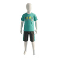 Mini & Mama boys' teal graphic t-shirt and charcoal shorts set with elastic waistband and drawstring. Cotton blend.