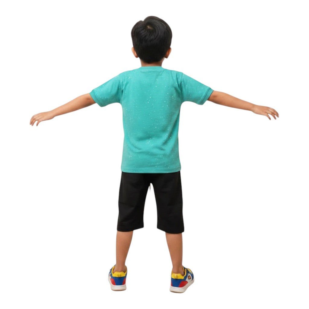 Mini & Mama boys turquoise graphic print t-shirt with speckle detail and black shorts.