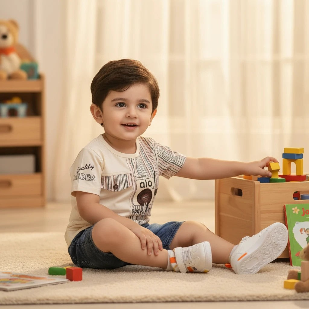 Mini & Mama Boys' cream graphic t-shirt with striped sleeves and denim shorts set.