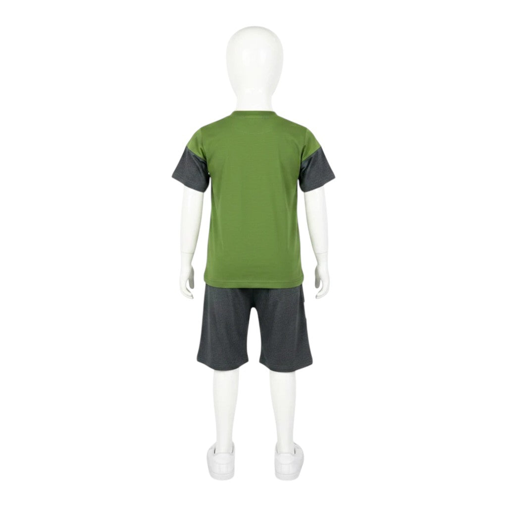 Mini & Mama Boys green graphic t-shirt with dark grey sleeves and matching shorts. Cotton blend set.