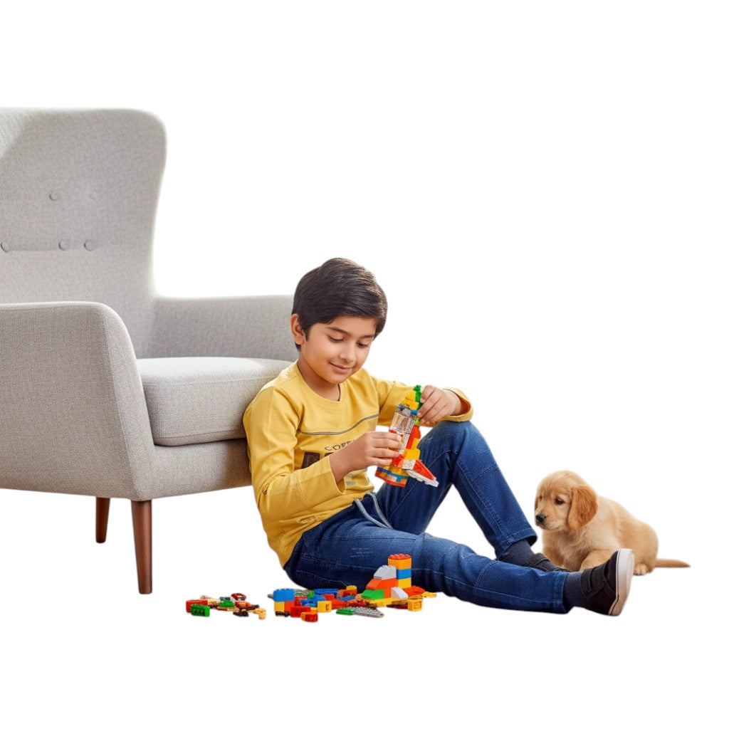 Mini & Mama Boys yellow long sleeve t-shirt with graphic and blue denim pants set.
