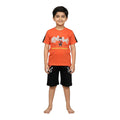 Mini & Mama Boys orange graphic t-shirt with black striped sleeves and black shorts with graphic print. Cotton blend.