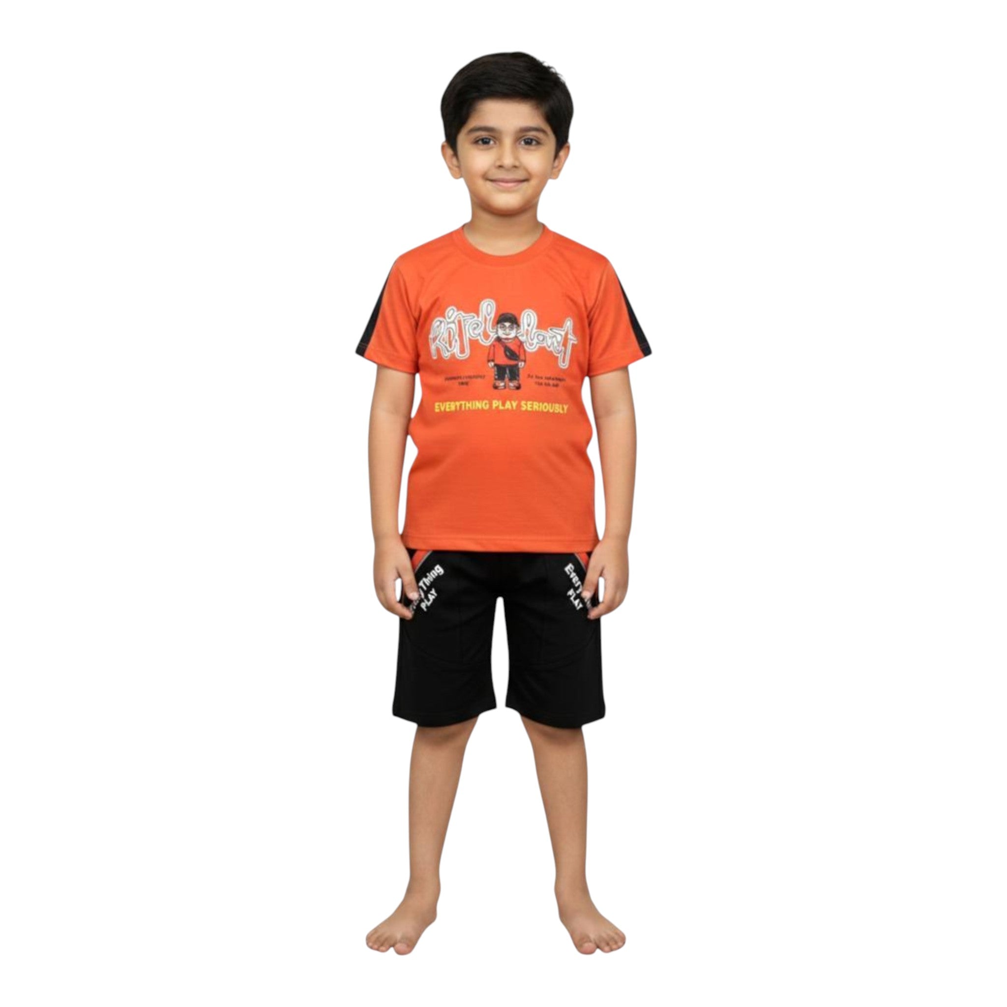 Mini & Mama Boys orange graphic t-shirt with black striped sleeves and black shorts with graphic print. Cotton blend.