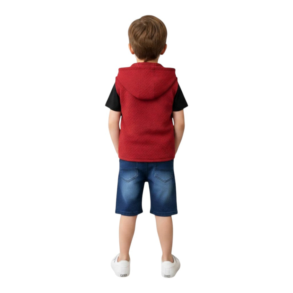 Mini & Mama Boys red quilted hooded vest and blue denim shorts set