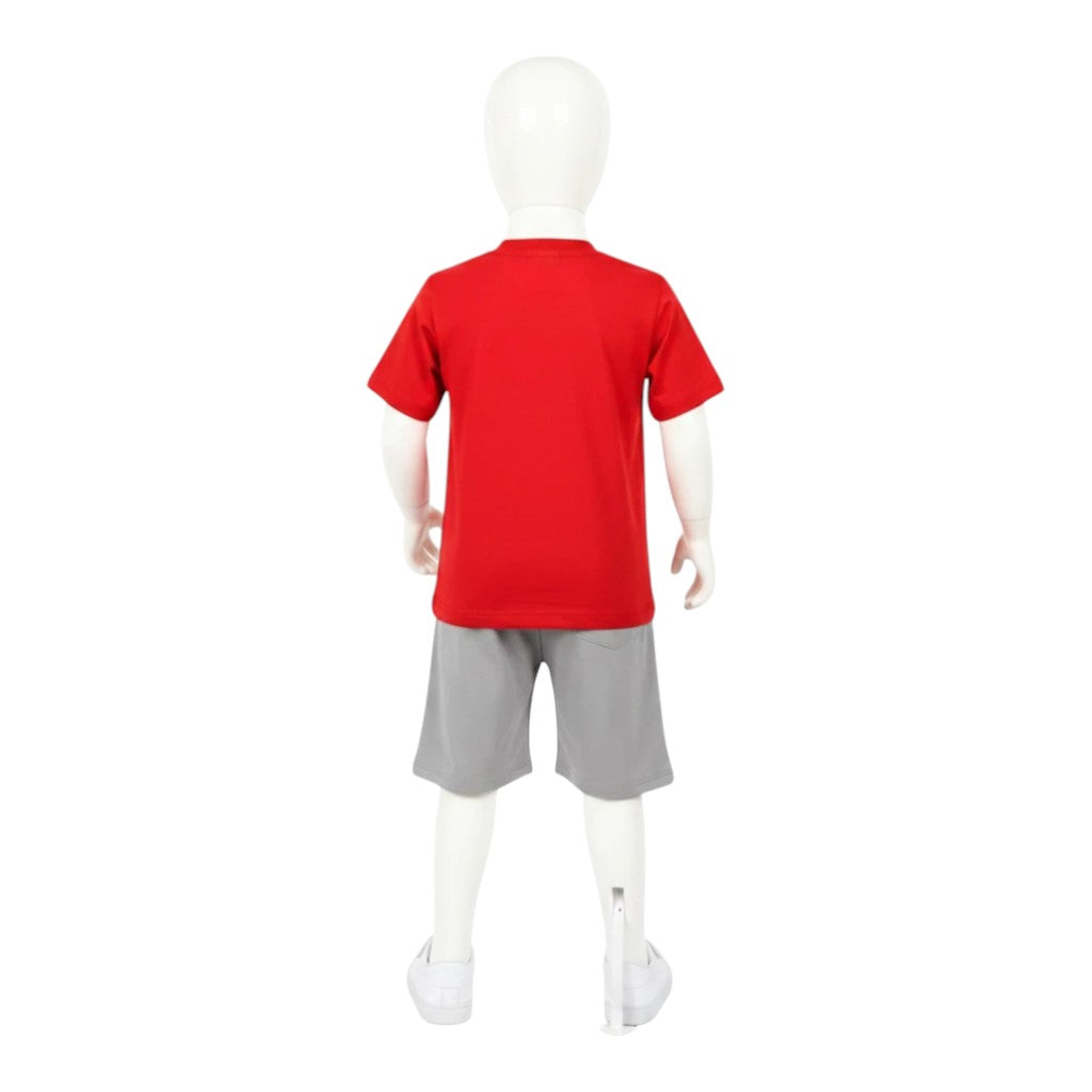 Mini & Mama boys red graphic t-shirt and grey shorts set. T-shirt has