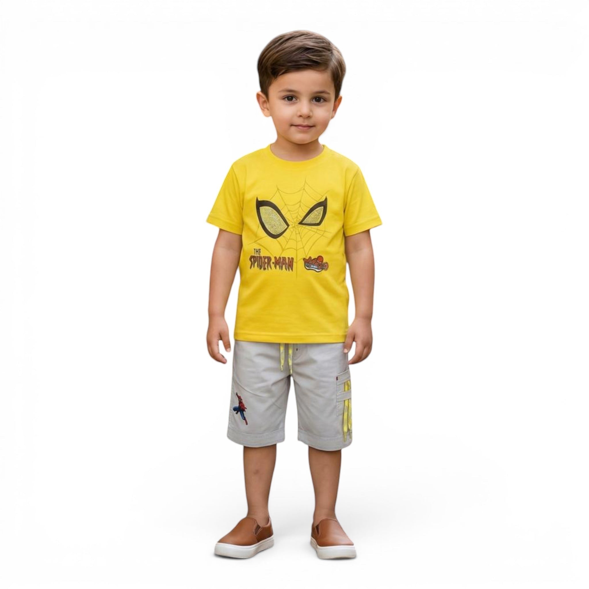 Mini & Mama Boys Spider-Man graphic t-shirt and light grey cargo shorts set. Yellow cotton tee with Spider-Man mask graphic.