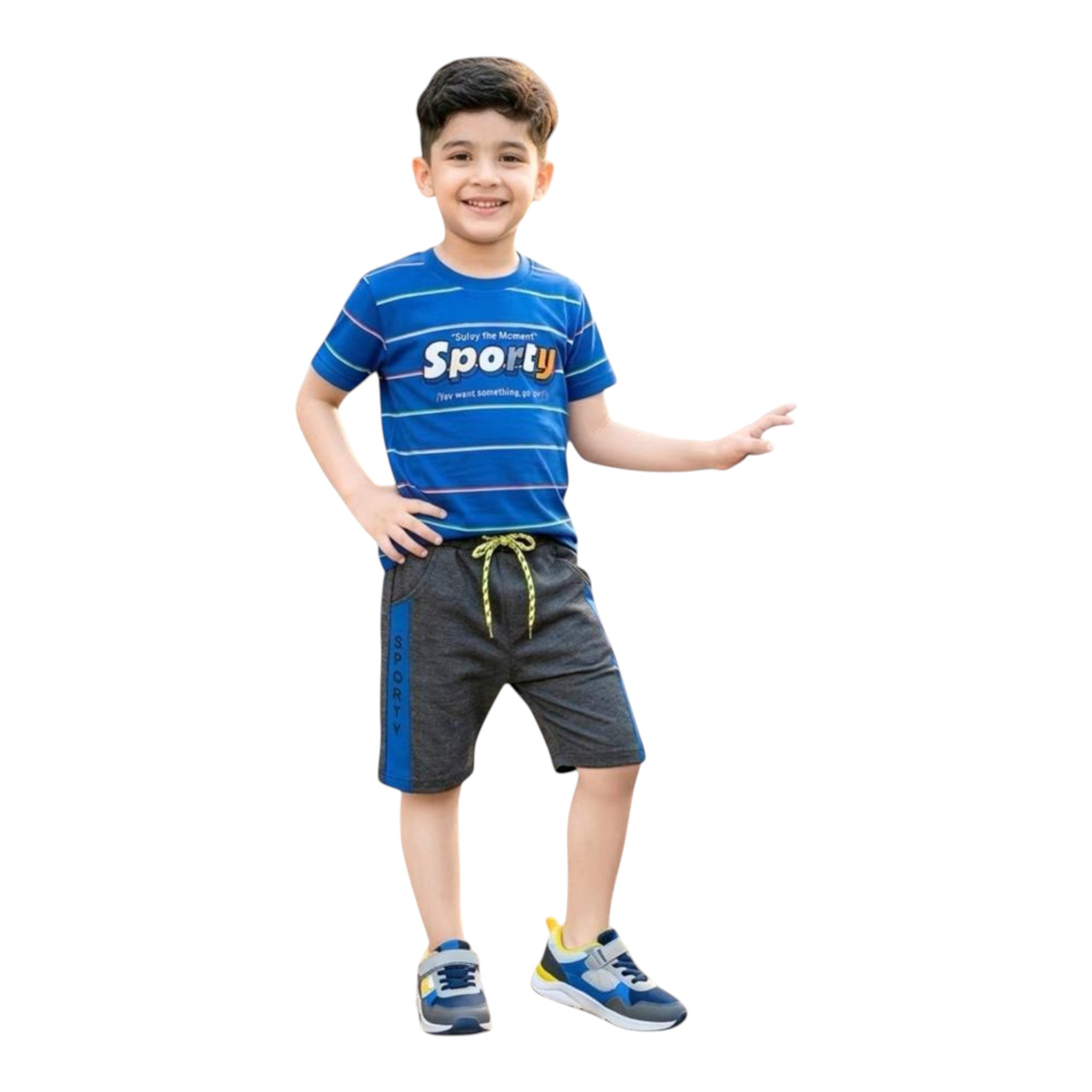 Mini & Mama boys blue striped t-shirt with "Sporty" graphic and charcoal shorts with blue trim. Comfortable athletic set.
