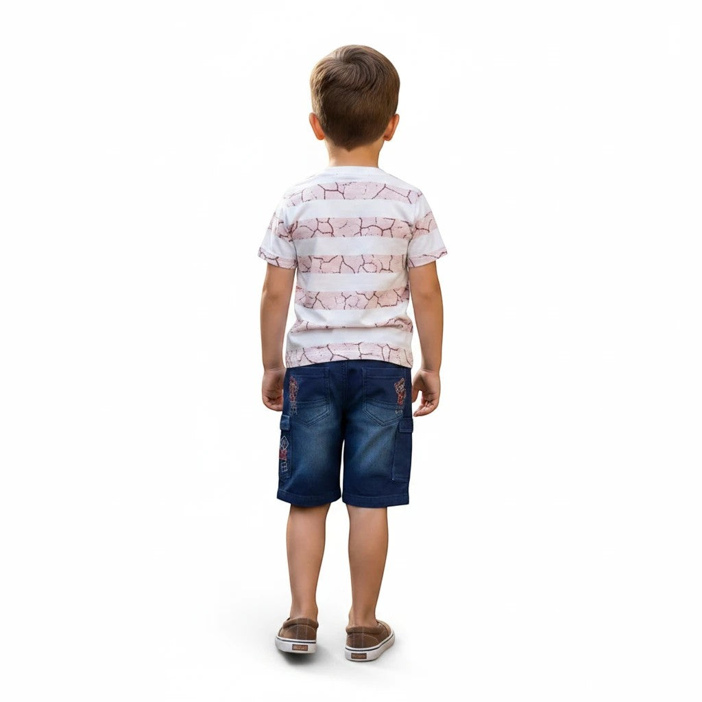 Mini & Mama boys' white t-shirt with pink stripes and graphic print, paired with blue denim shorts with embroidered details.