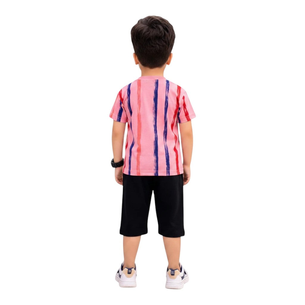 Mini & Mama boys' pink striped t-shirt with red and blue vertical stripes, paired with black shorts. Back view.
