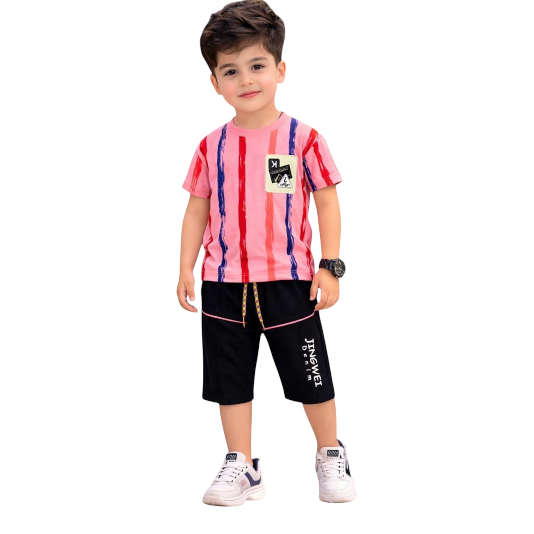 Mini & Mama boys' pink striped t-shirt with graphic pocket and black shorts with drawstring waist.