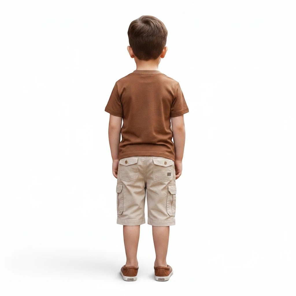 Mini & Mama boys brown cotton t-shirt and khaki cargo shorts set with graphic print. Adjustable drawstring waist.