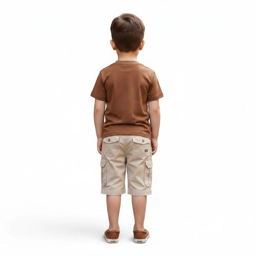 Mini & Mama boys brown cotton t-shirt and khaki cargo shorts set with graphic print. Adjustable drawstring waist.
