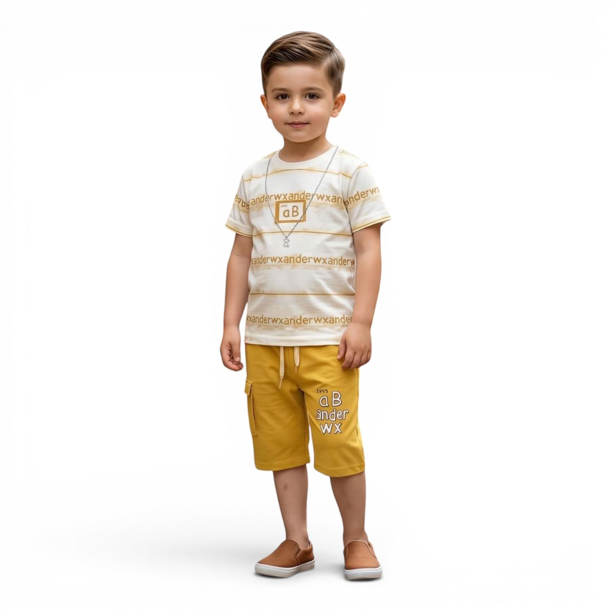 Mini & Mama Boys yellow striped t-shirt and cargo shorts set with graphic print and drawstring waist.
