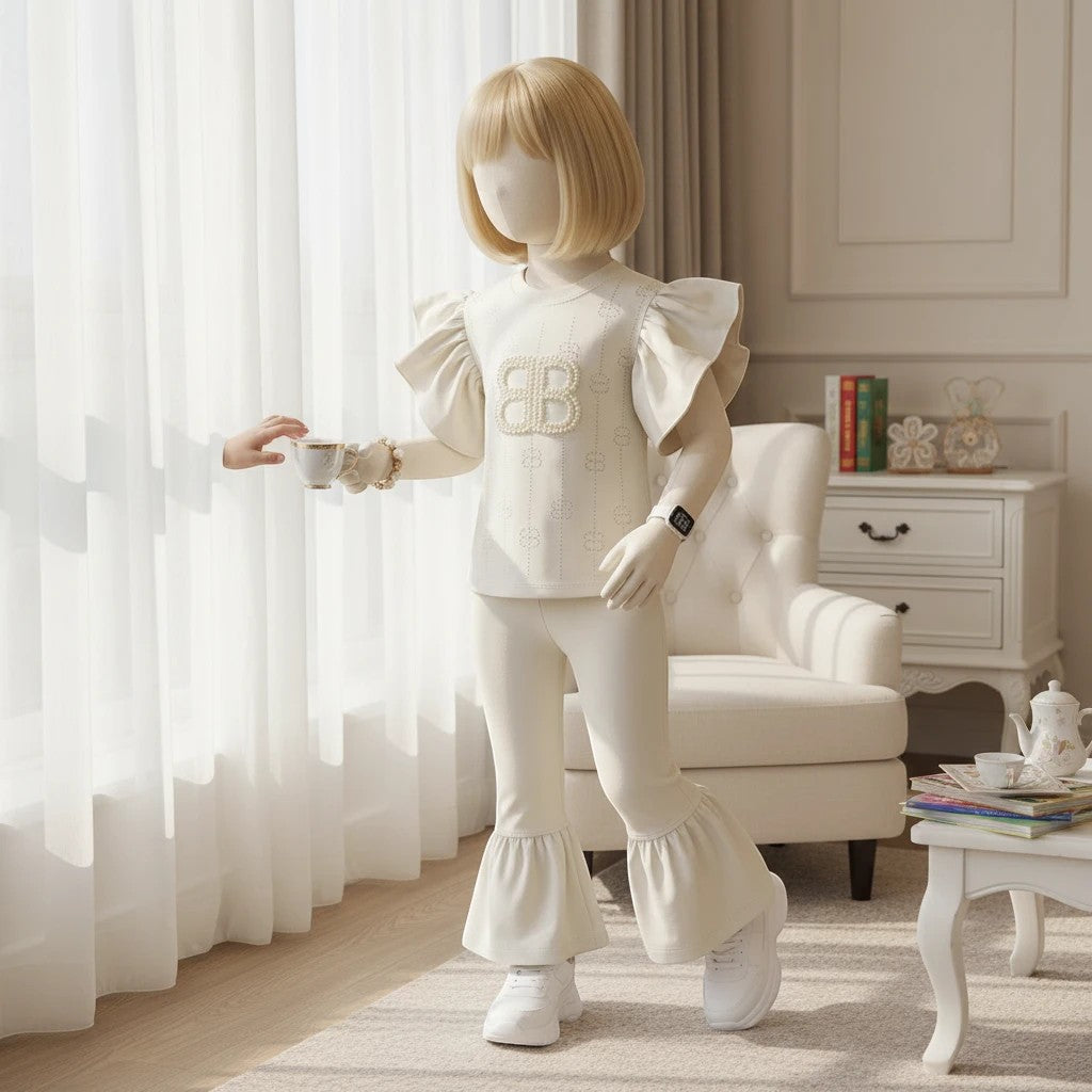 Mini & Mama cream outfit set with ruffle sleeve top and bell bottom pants, featuring pearl 'B' emblem.