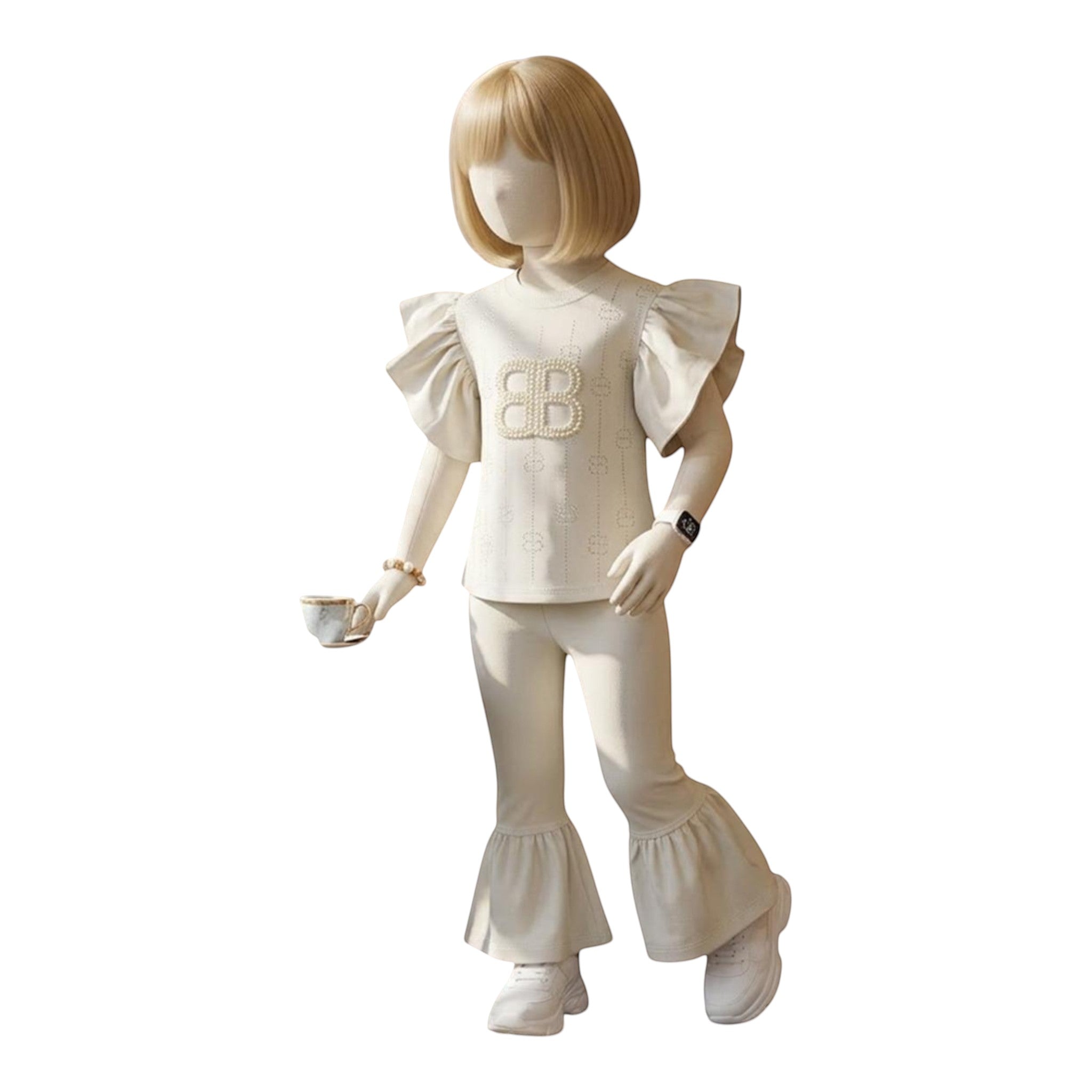 Mini & Mama cream ruffle sleeve top with pearl 'B' emblem and matching bell bottom pants outfit set.