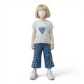 Mini & Mama Girls blue denim cropped wide leg jeans with bow and pearl embellishments on the hem.