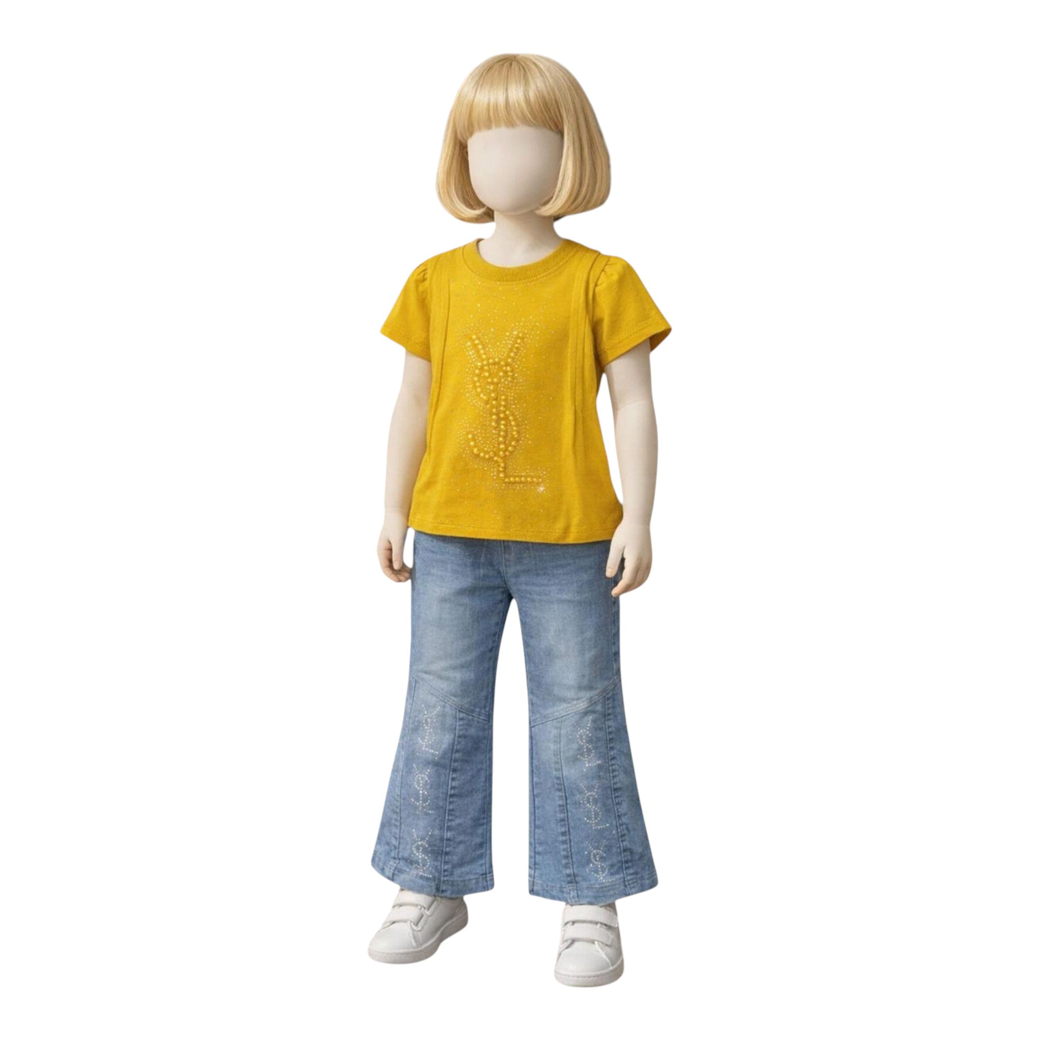 Mini & Mama yellow cotton t-shirt with embellished logo and puffed sleeves, paired with light-wash flare jeans with embroidered nautical details.