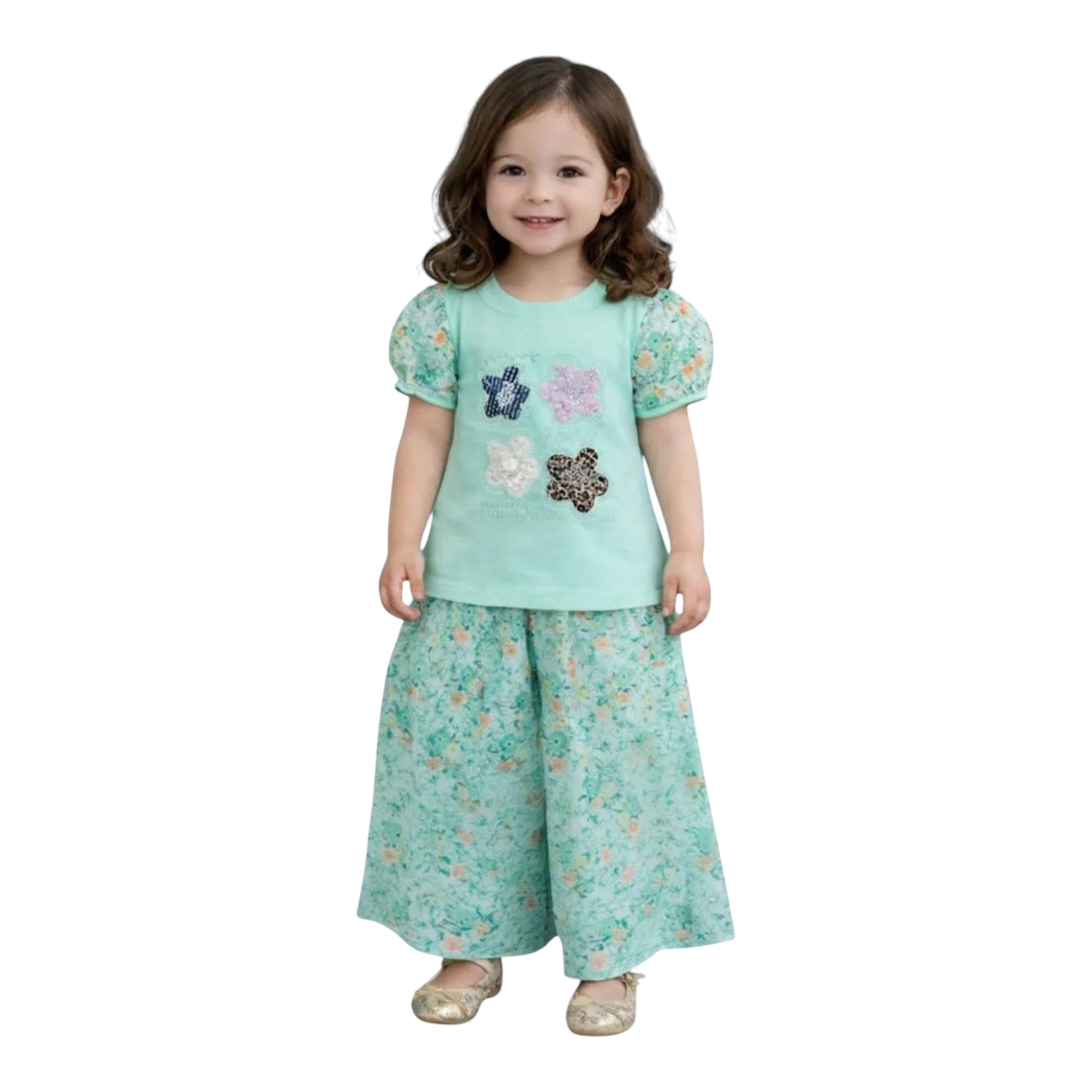 Mini & Mama mint green floral applique puff sleeve top with matching floral print wide leg pants set.