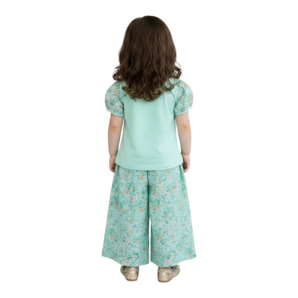 Mini & Mama girls mint green floral print puff sleeve top and wide leg pants set