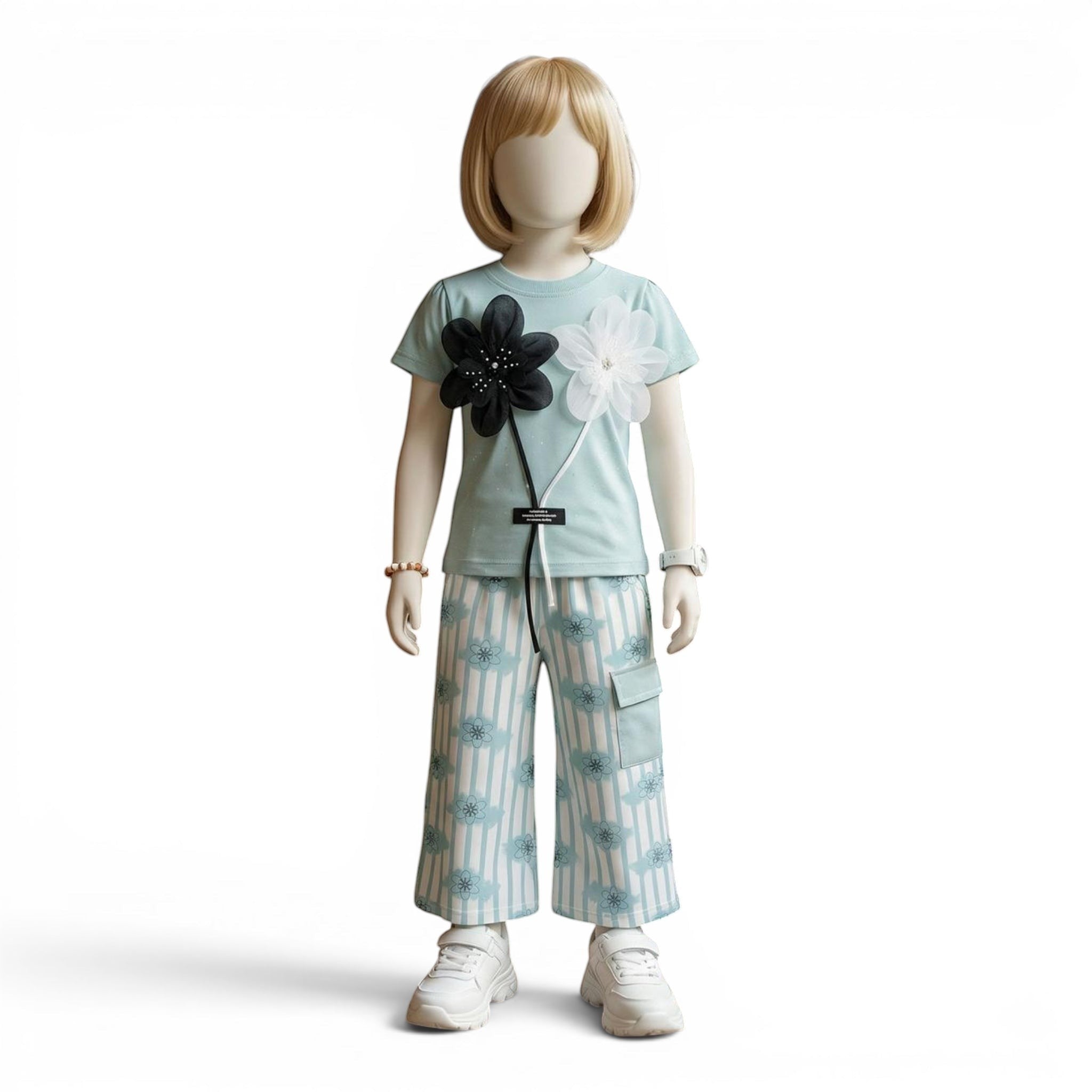 Mini & Mama light blue t-shirt with floral appliques and striped wide-leg pants with cargo pockets.