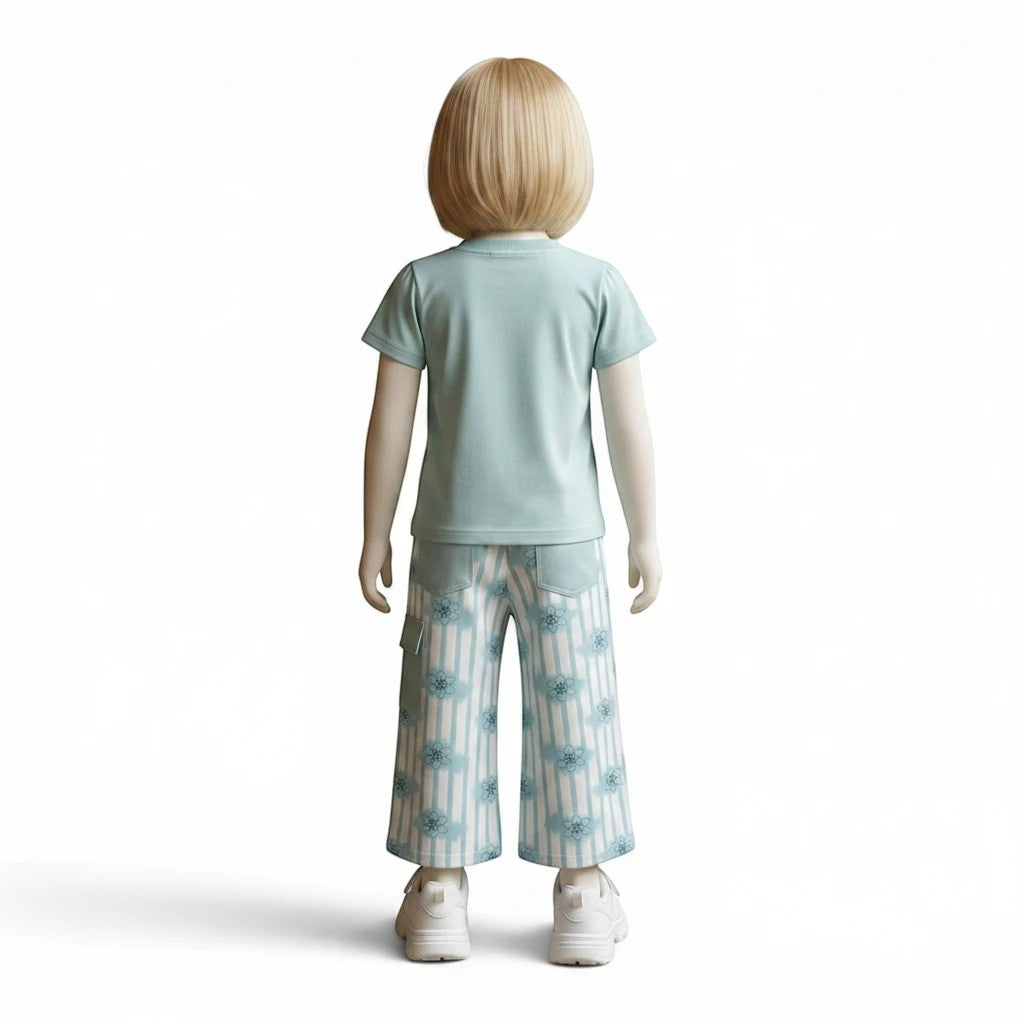 Mini & Mama light blue t-shirt with floral appliques and striped wide-leg pants with floral print and cargo pockets.